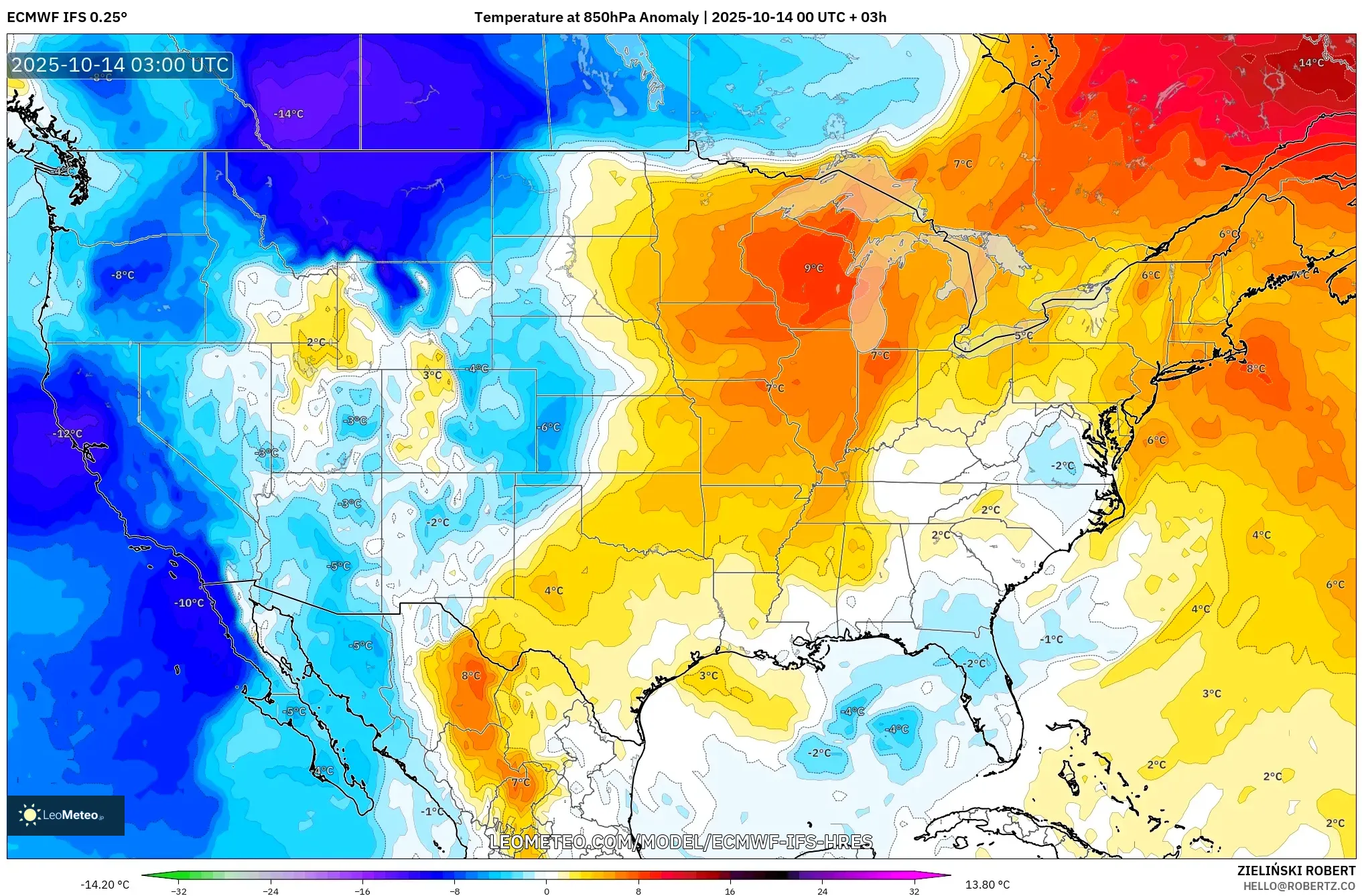 ECMWF IFS 0.25° model - United States, Temperature at 850hPa Anomaly ECMWF IFS 0.25° model - United States, Temperature at 850hPa Anomaly