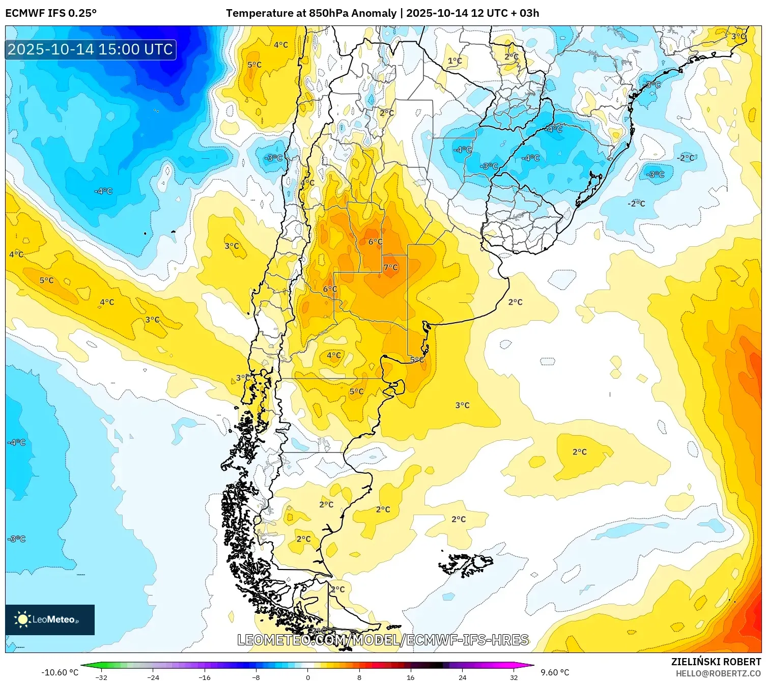 ECMWF IFS 0.25° model - Argentina, Temperature at 850hPa Anomaly ECMWF IFS 0.25° model - Argentina, Temperature at 850hPa Anomaly