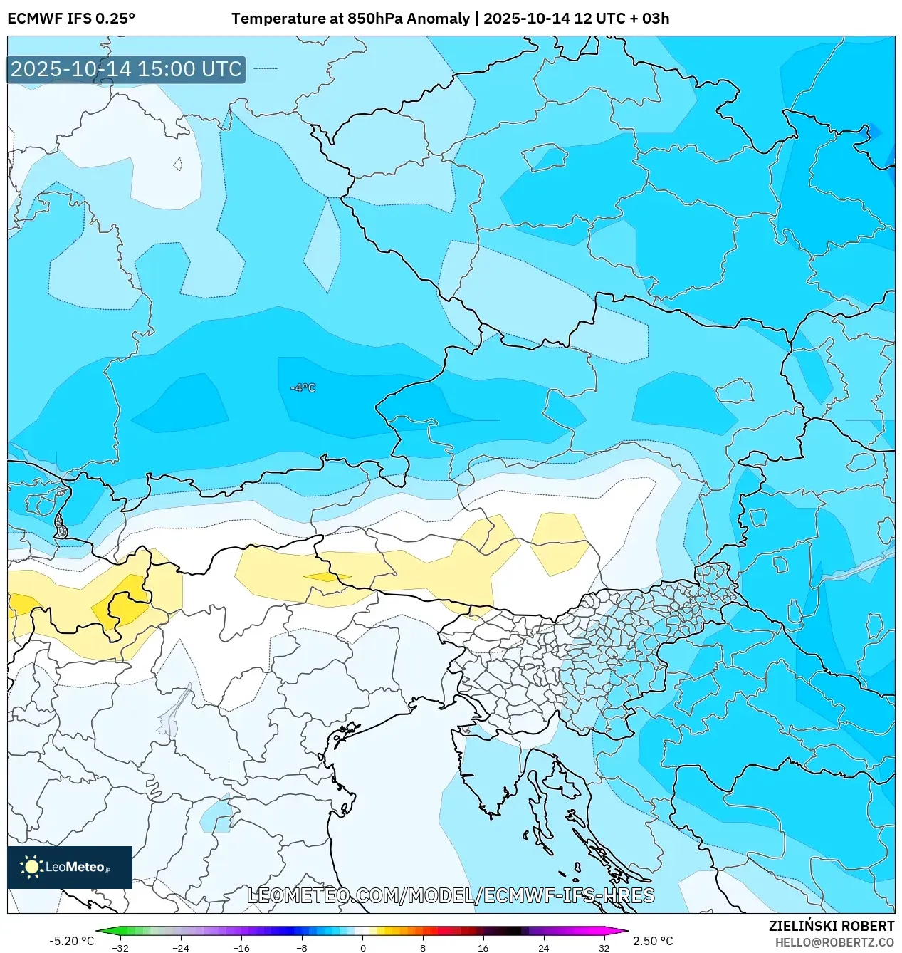 ECMWF IFS 0.25° model - Austria, Temperature at 850hPa Anomaly ECMWF IFS 0.25° model - Austria, Temperature at 850hPa Anomaly