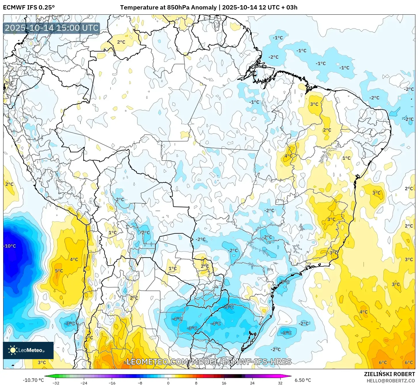 ECMWF IFS 0.25° model - Brazil, Temperature at 850hPa Anomaly ECMWF IFS 0.25° model - Brazil, Temperature at 850hPa Anomaly