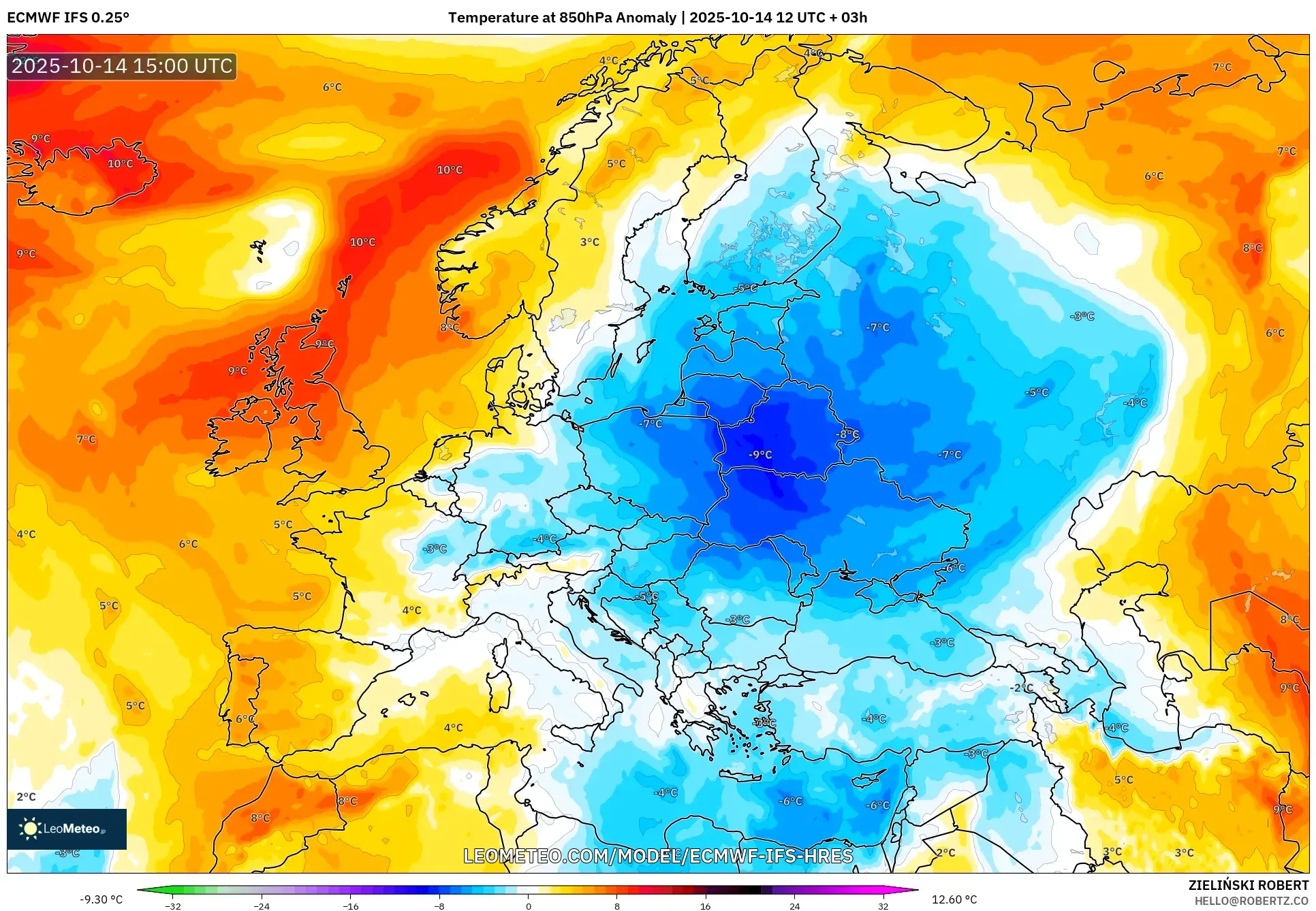 ECMWF IFS 0.25° model - Europe, Temperature at 850hPa Anomaly ECMWF IFS 0.25° model - Europe, Temperature at 850hPa Anomaly