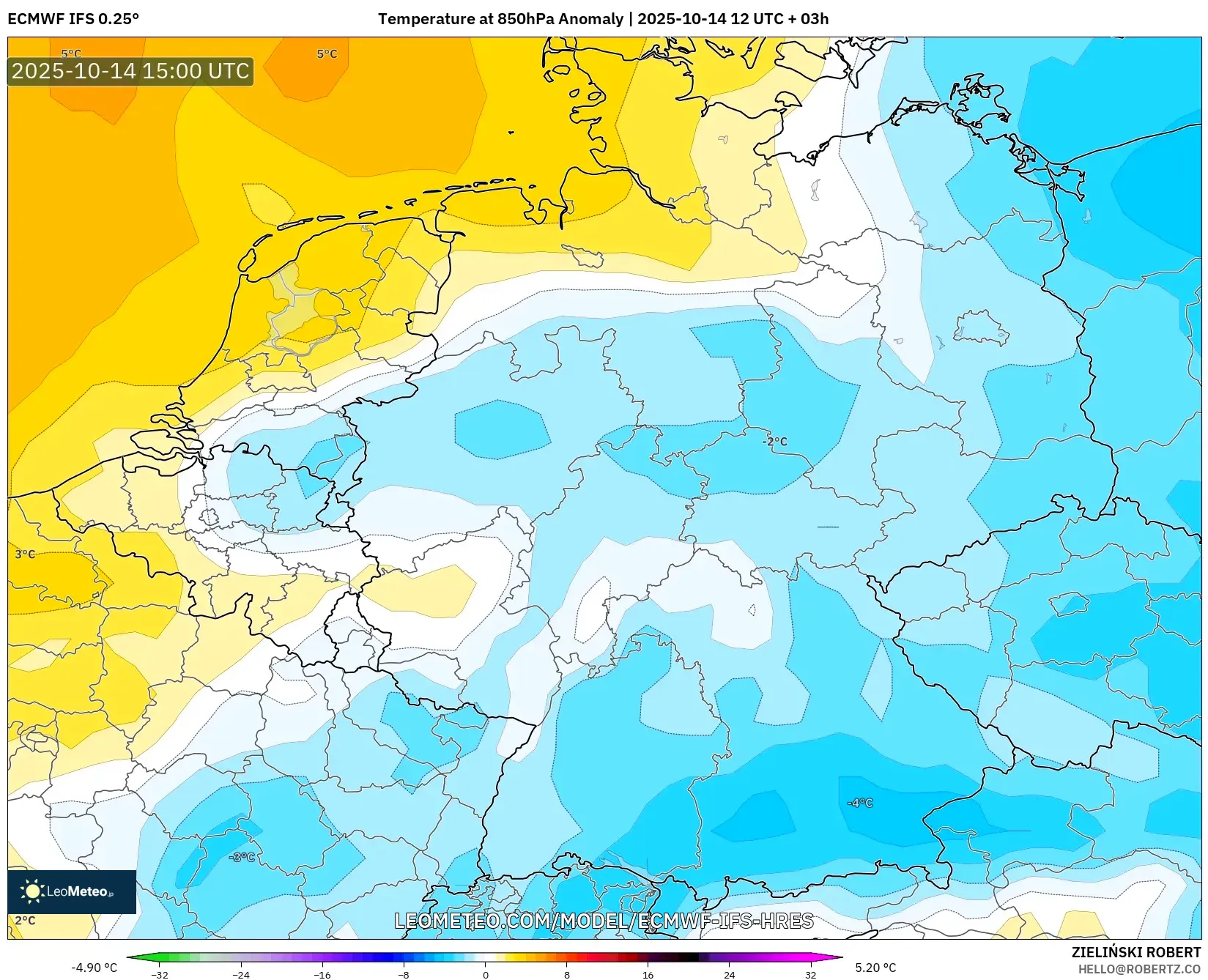 ECMWF IFS 0.25° model - Germany, Temperature at 850hPa Anomaly ECMWF IFS 0.25° model - Germany, Temperature at 850hPa Anomaly