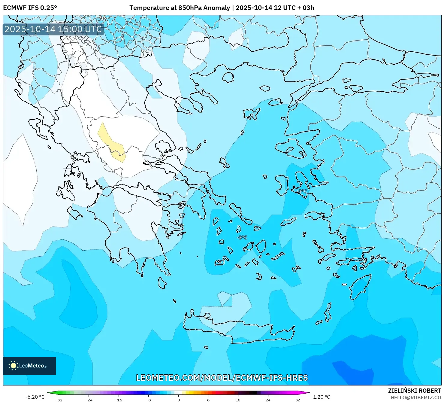 ECMWF IFS 0.25° model - Greece, Temperature at 850hPa Anomaly ECMWF IFS 0.25° model - Greece, Temperature at 850hPa Anomaly