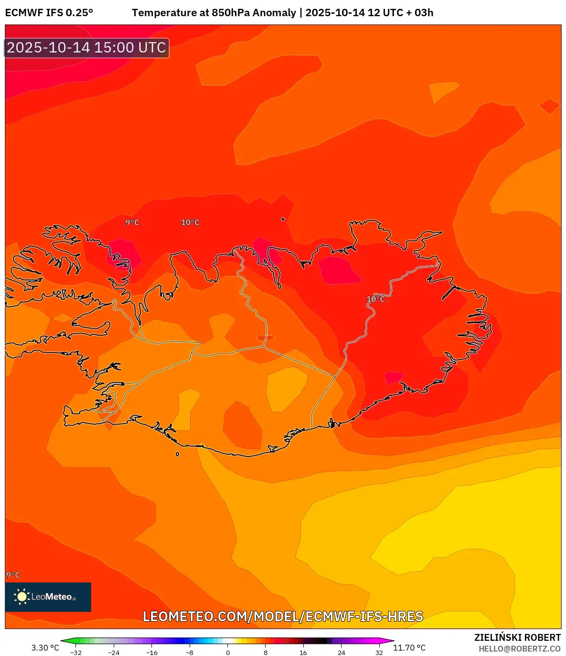 ECMWF IFS 0.25° model - Iceland, Temperature at 850hPa Anomaly ECMWF IFS 0.25° model - Iceland, Temperature at 850hPa Anomaly