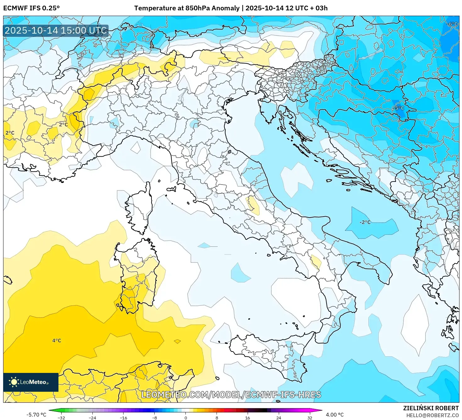 ECMWF IFS 0.25° model - Italy, Temperature at 850hPa Anomaly