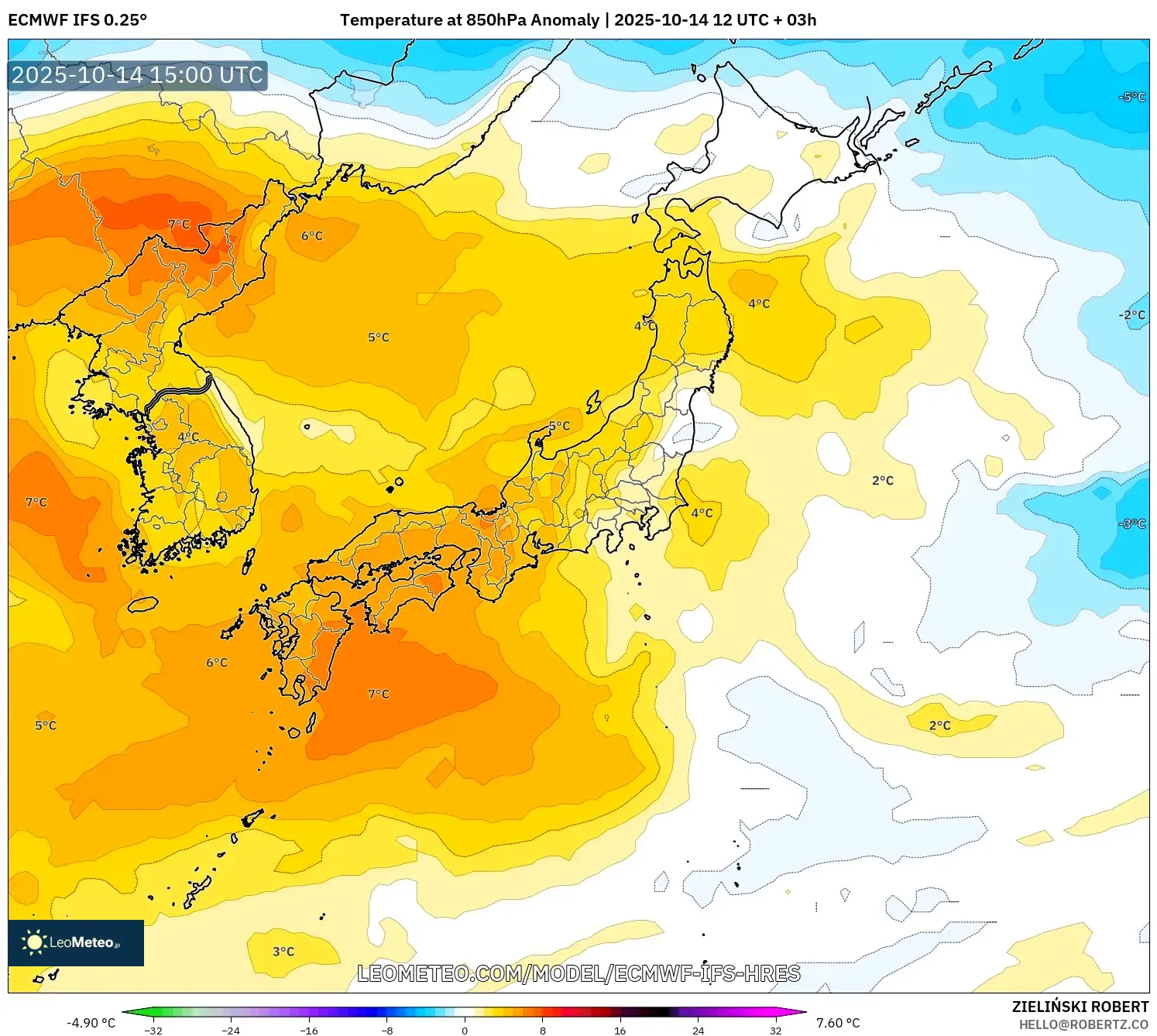 ECMWF IFS 0.25° model - Japan, Temperature at 850hPa Anomaly ECMWF IFS 0.25° model - Japan, Temperature at 850hPa Anomaly