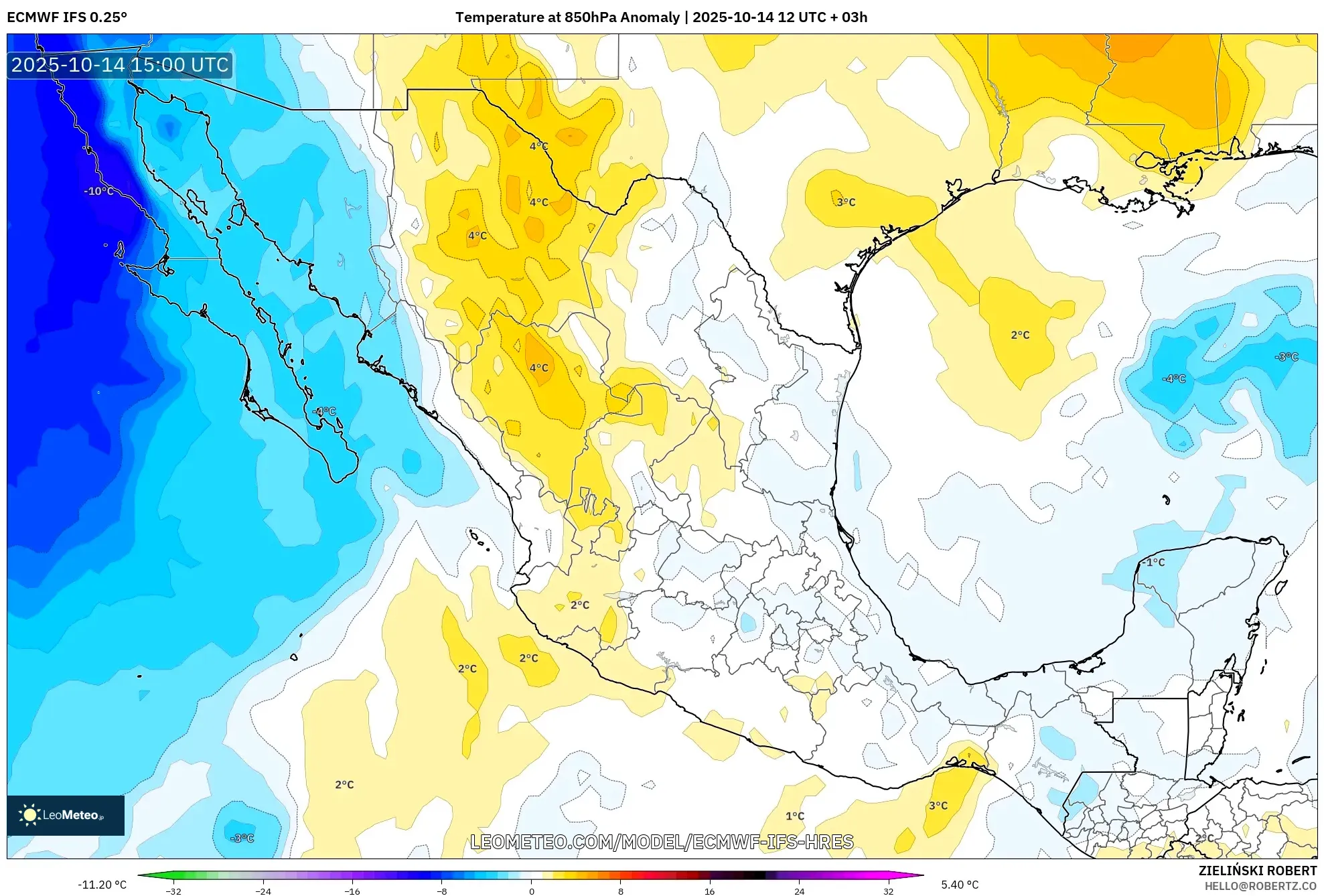 ECMWF IFS 0.25° model - Mexico, Temperature at 850hPa Anomaly ECMWF IFS 0.25° model - Mexico, Temperature at 850hPa Anomaly