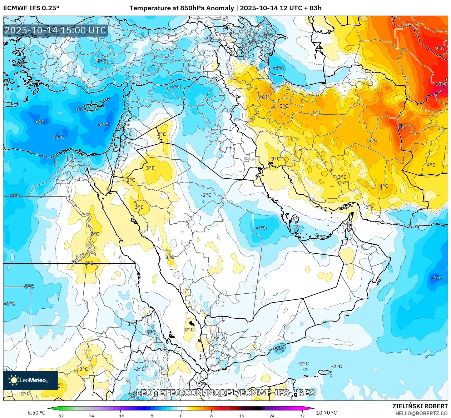 ECMWF IFS 0.25° model - Middle East, Temperature at 850hPa Anomaly ECMWF IFS 0.25° model - Middle East, Temperature at 850hPa Anomaly
