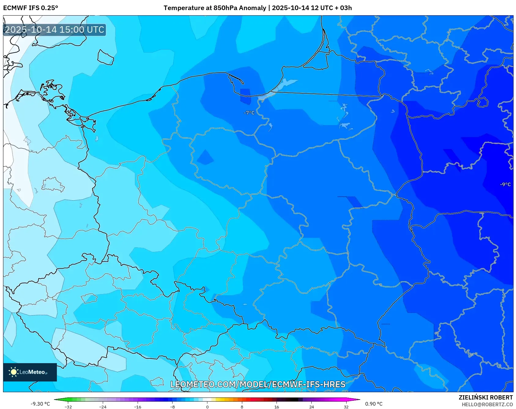 ECMWF IFS 0.25° model - Poland, Temperature at 850hPa Anomaly ECMWF IFS 0.25° model - Poland, Temperature at 850hPa Anomaly