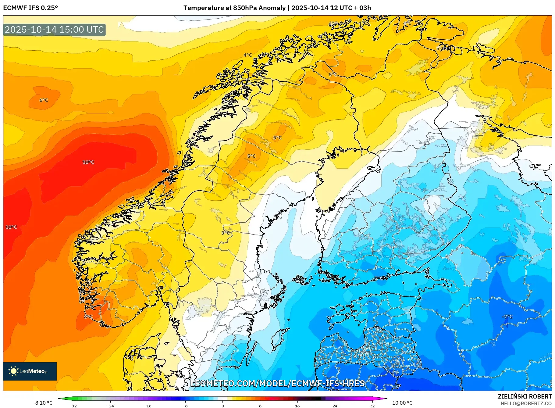 ECMWF IFS 0.25° model - Scandinavia, Temperature at 850hPa Anomaly ECMWF IFS 0.25° model - Scandinavia, Temperature at 850hPa Anomaly
