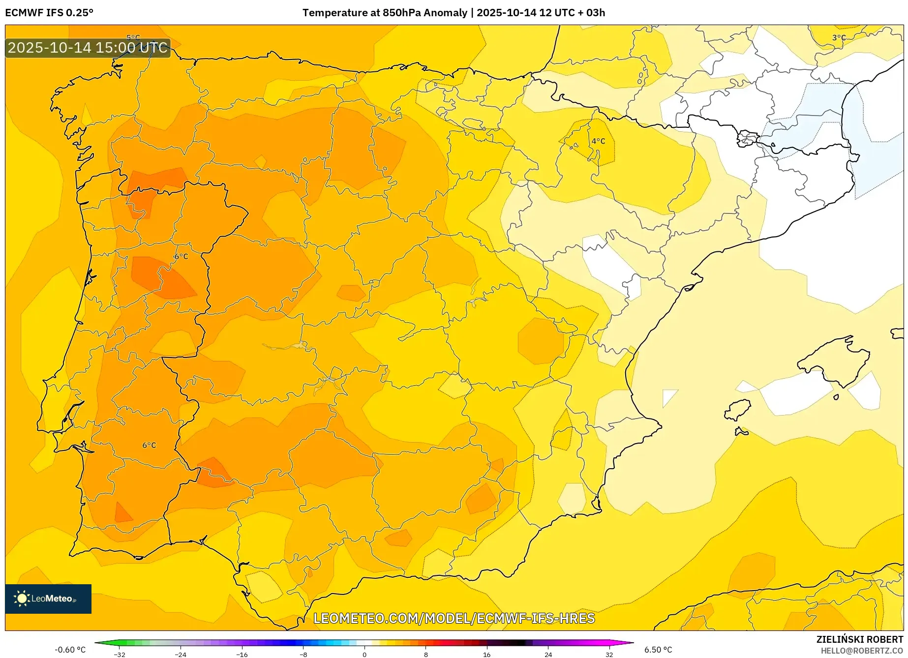 ECMWF IFS 0.25° model - Spain, Temperature at 850hPa Anomaly ECMWF IFS 0.25° model - Spain, Temperature at 850hPa Anomaly