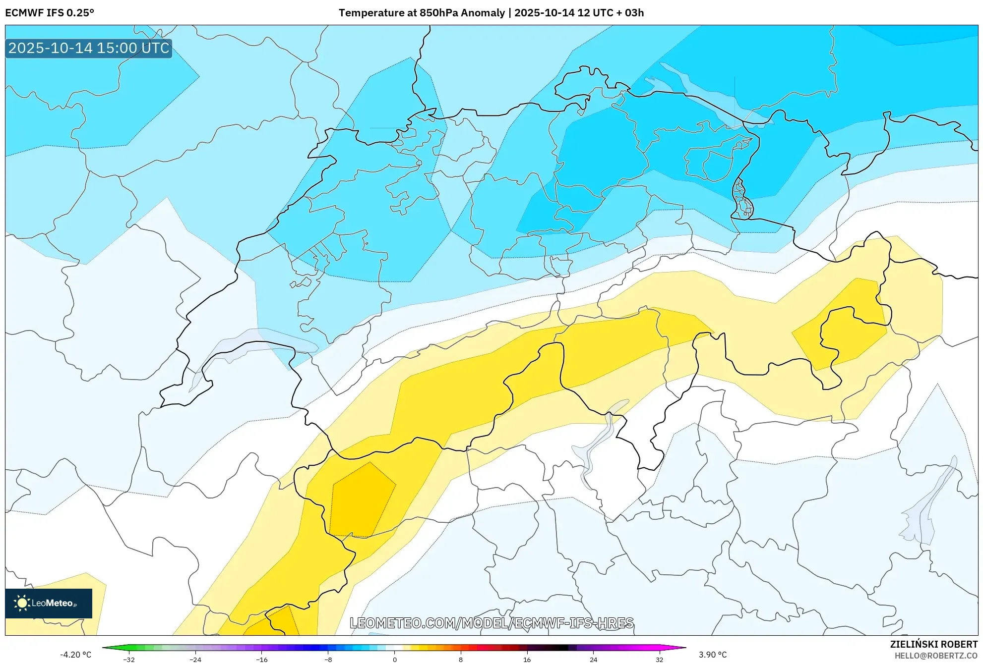 ECMWF IFS 0.25° model - Switzerland, Temperature at 850hPa Anomaly