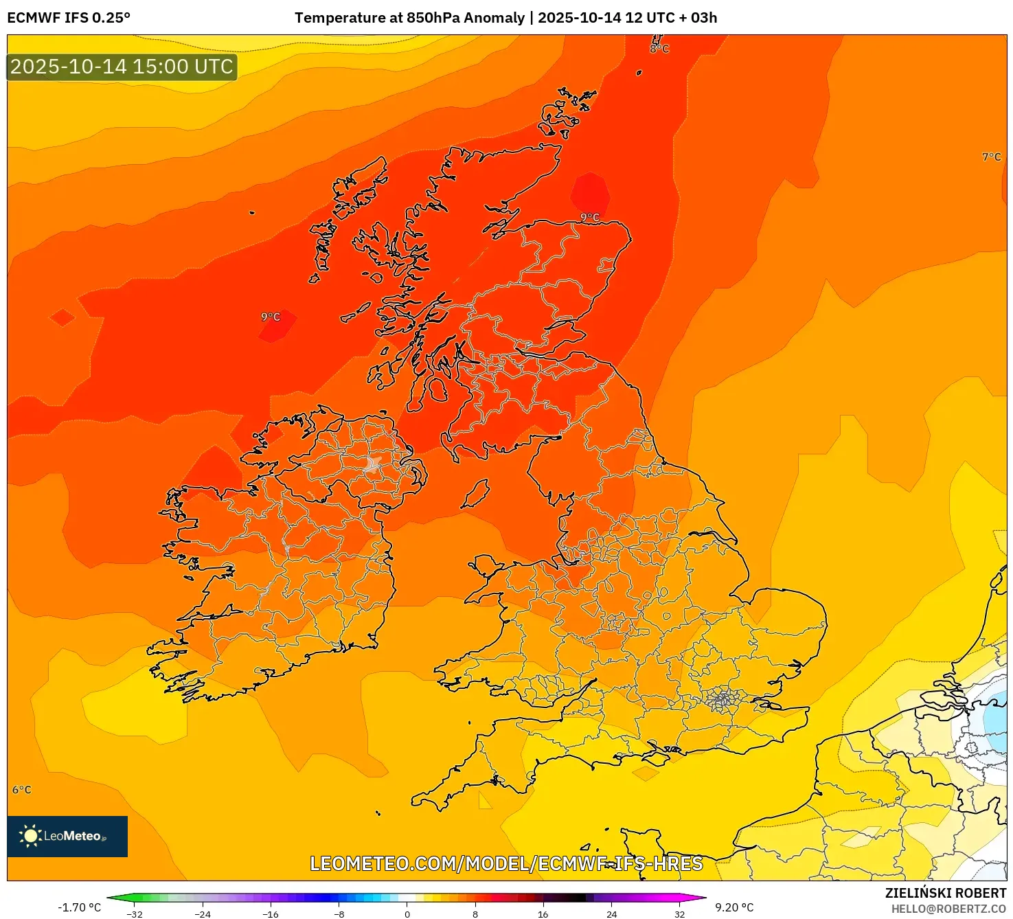 ECMWF IFS 0.25° model - United Kingdom, Temperature at 850hPa Anomaly ECMWF IFS 0.25° model - United Kingdom, Temperature at 850hPa Anomaly