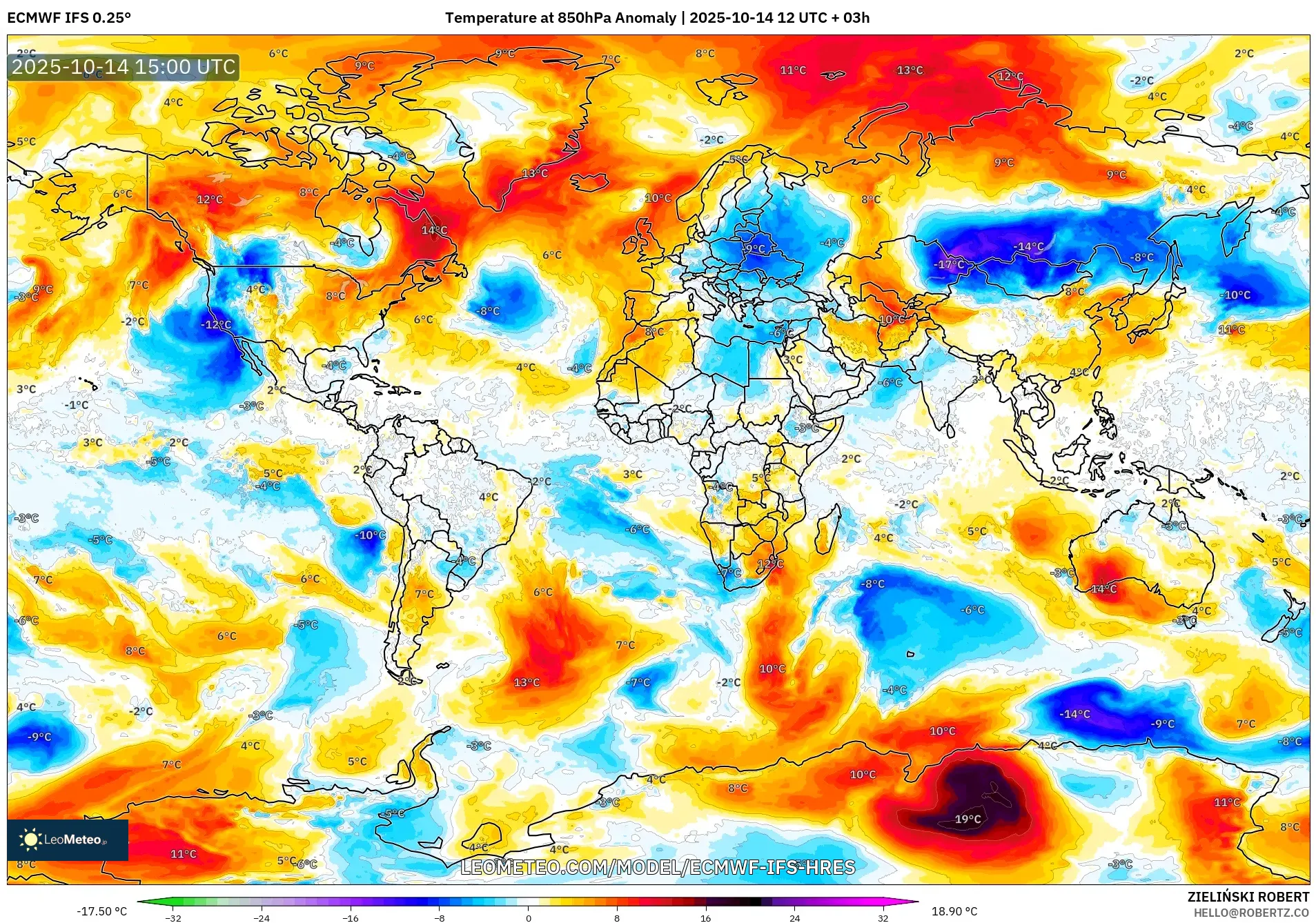 ECMWF IFS 0.25° model - World, Temperature at 850hPa Anomaly