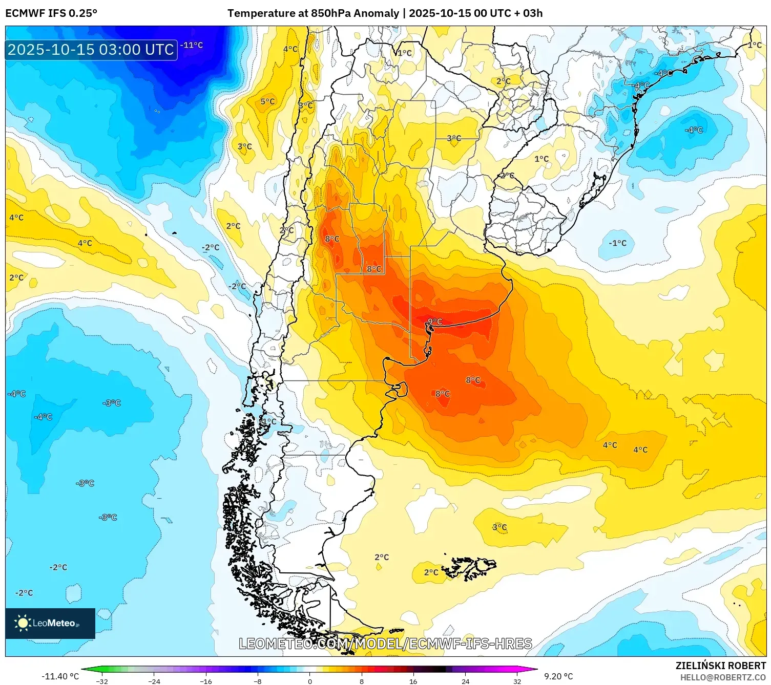 ECMWF IFS 0.25° model - Argentina, Temperature at 850hPa Anomaly ECMWF IFS 0.25° model - Argentina, Temperature at 850hPa Anomaly