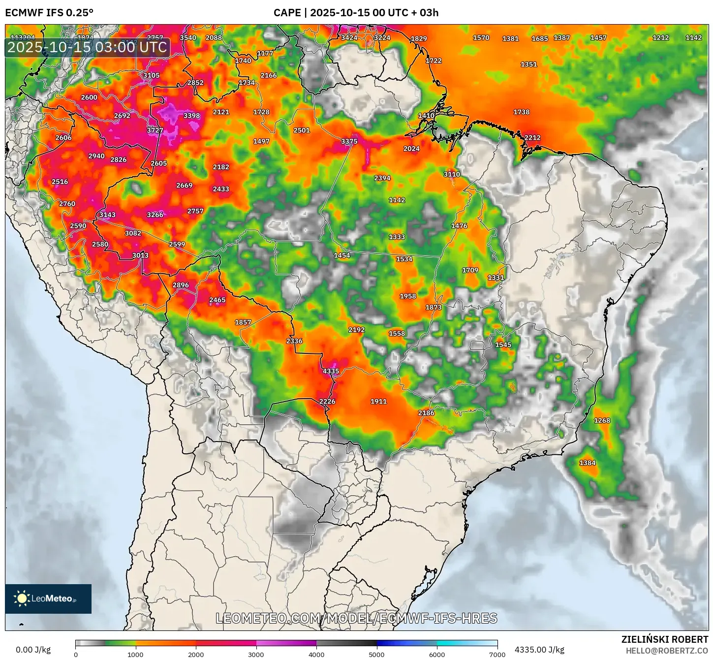 ECMWF IFS 0.25° model - Brazil, CAPE ECMWF IFS 0.25° model - Brazil, CAPE