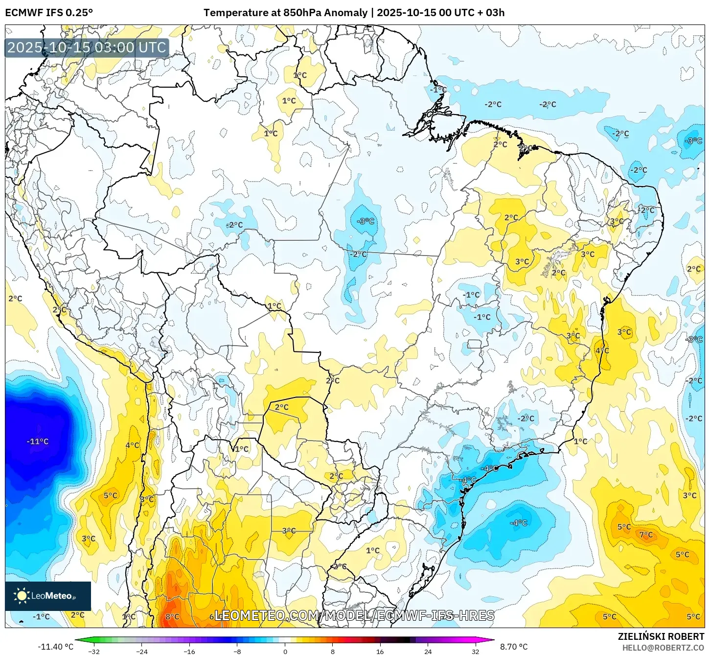 ECMWF IFS 0.25° model - Brazil, Temperature at 850hPa Anomaly
