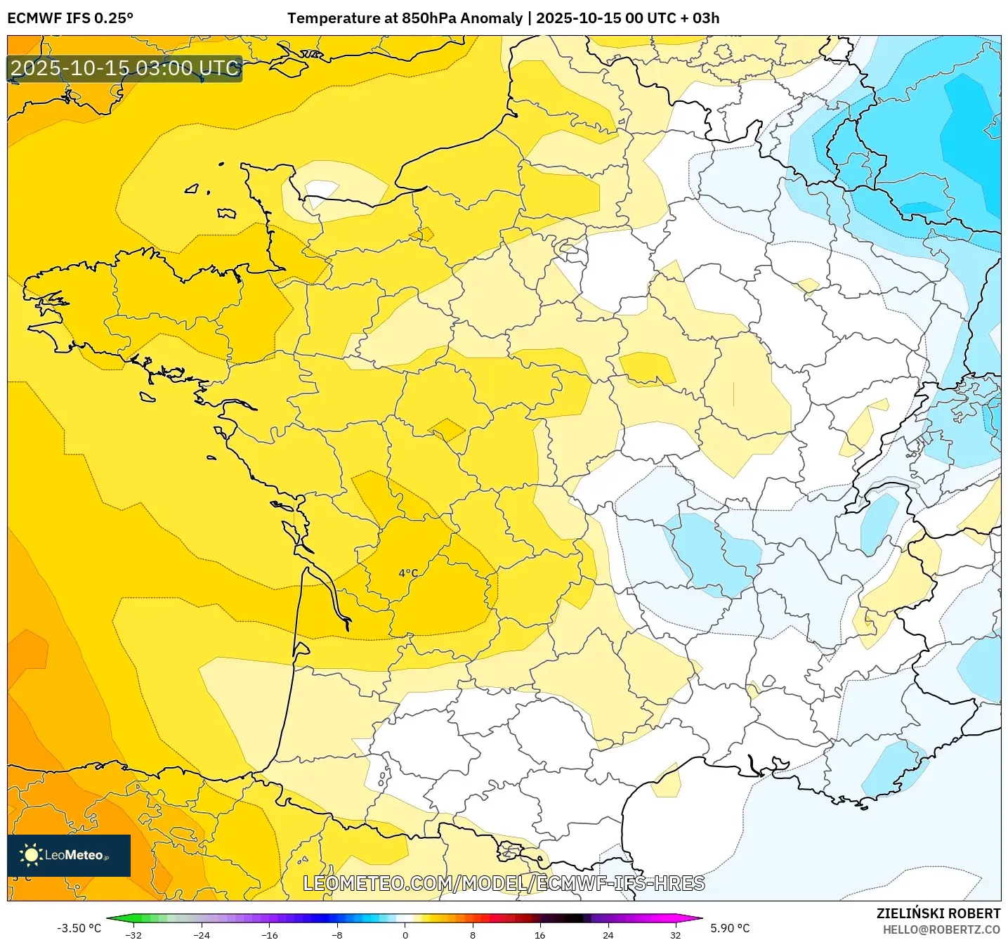 ECMWF IFS 0.25° model - France, Temperature at 850hPa Anomaly ECMWF IFS 0.25° model - France, Temperature at 850hPa Anomaly
