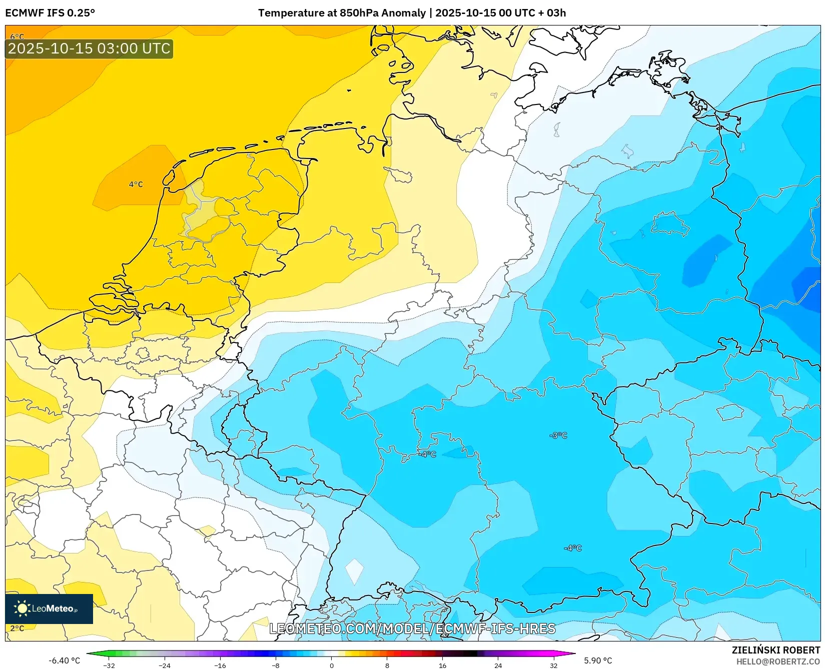 ECMWF IFS 0.25° model - Germany, Temperature at 850hPa Anomaly ECMWF IFS 0.25° model - Germany, Temperature at 850hPa Anomaly