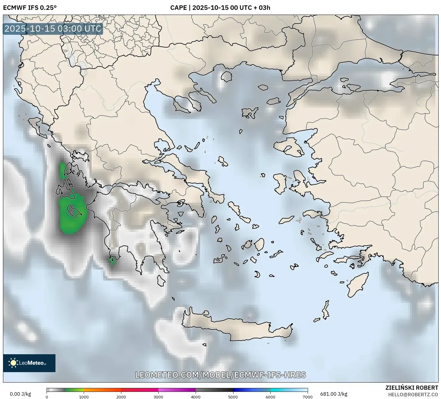 ECMWF IFS 0.25° model - Greece, CAPE ECMWF IFS 0.25° model - Greece, CAPE