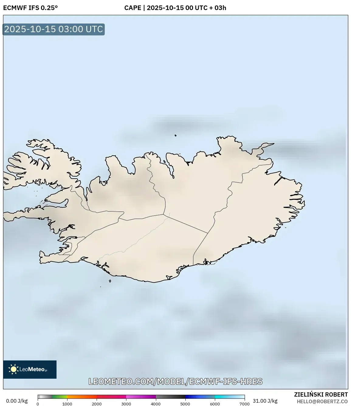 ECMWF IFS 0.25° model - Iceland, CAPE ECMWF IFS 0.25° model - Iceland, CAPE
