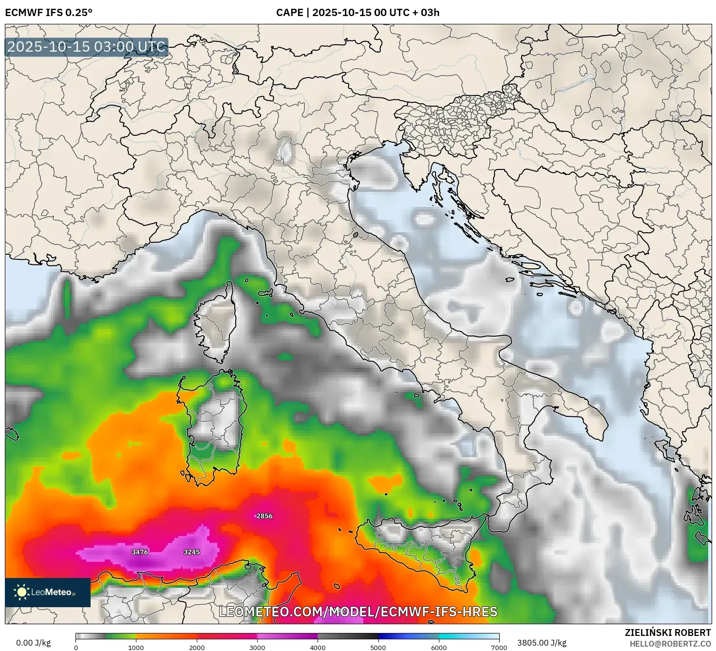 ECMWF IFS 0.25° model - Italy, CAPE ECMWF IFS 0.25° model - Italy, CAPE