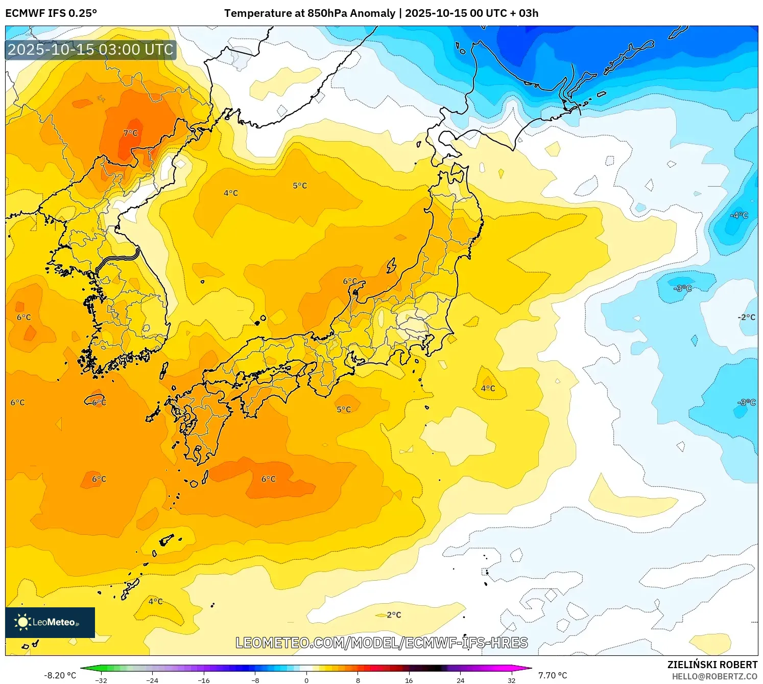 ECMWF IFS 0.25° model - Japan, Temperature at 850hPa Anomaly ECMWF IFS 0.25° model - Japan, Temperature at 850hPa Anomaly