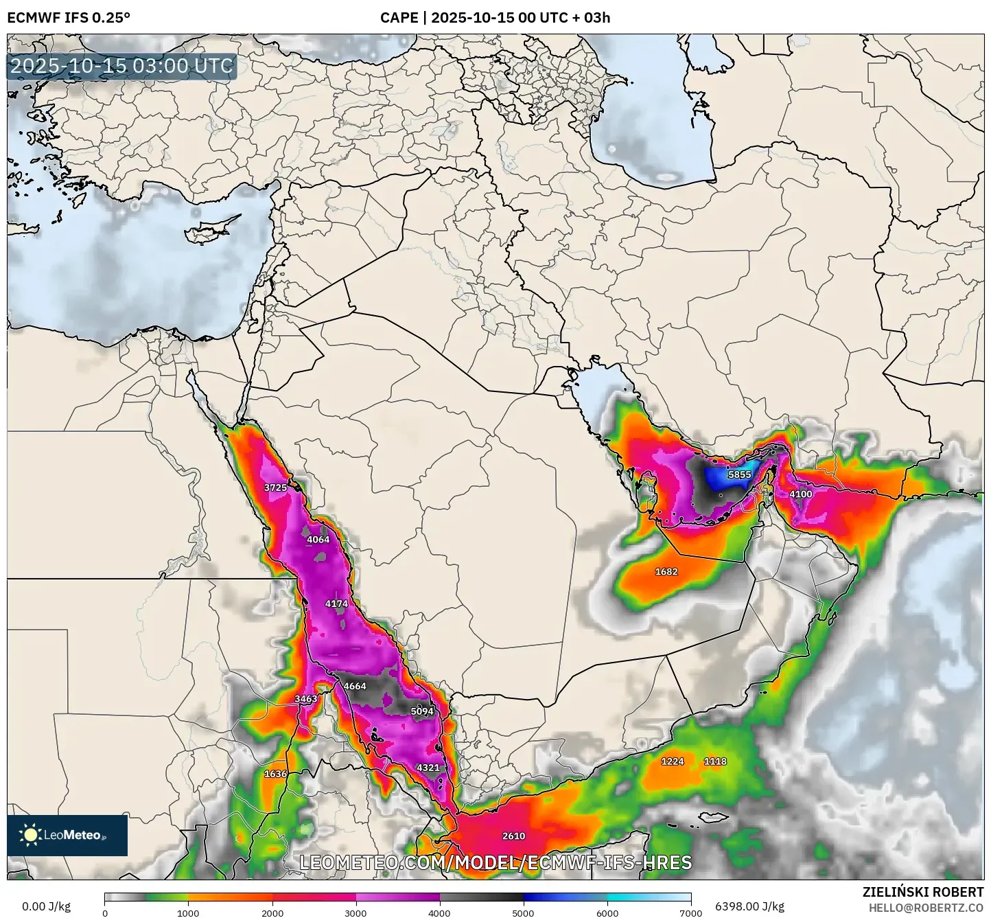 ECMWF IFS 0.25° model - Middle East, CAPE ECMWF IFS 0.25° model - Middle East, CAPE