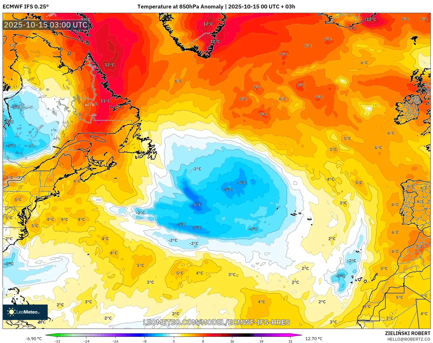 ECMWF IFS 0.25° model - North Atlantic, Temperature at 850hPa Anomaly ECMWF IFS 0.25° model - North Atlantic, Temperature at 850hPa Anomaly