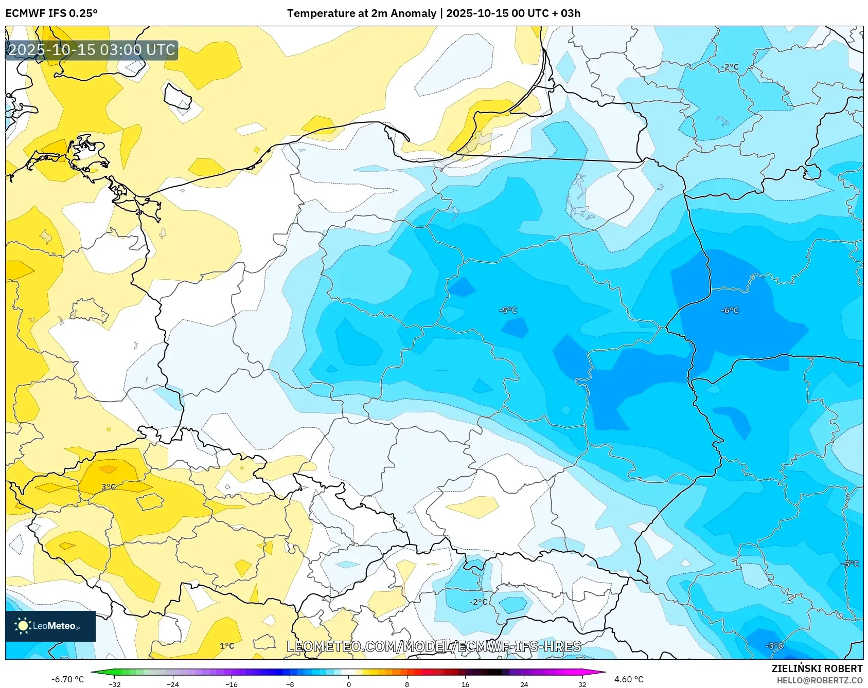 ECMWF IFS 0.25° model - Poland, Temperature at 2m Anomaly