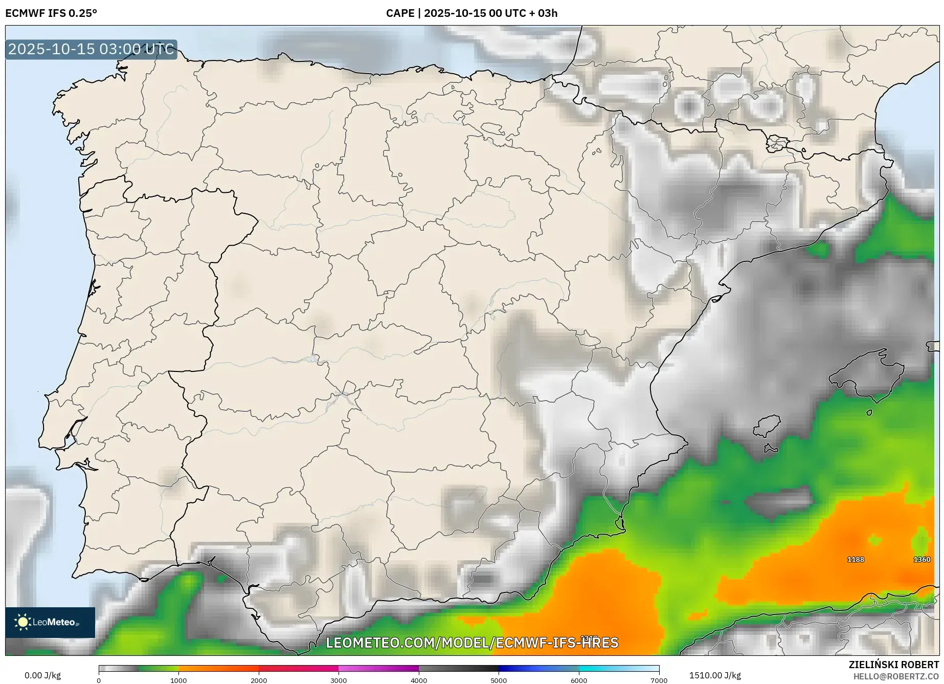 ECMWF IFS 0.25° model - Spain, CAPE ECMWF IFS 0.25° model - Spain, CAPE