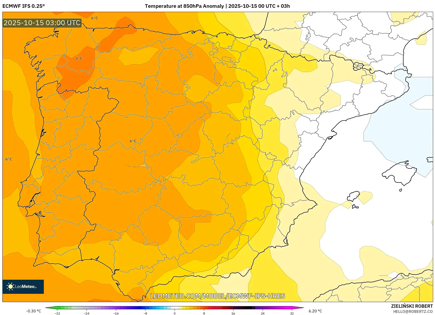 ECMWF IFS 0.25° model - Spain, Temperature at 850hPa Anomaly ECMWF IFS 0.25° model - Spain, Temperature at 850hPa Anomaly
