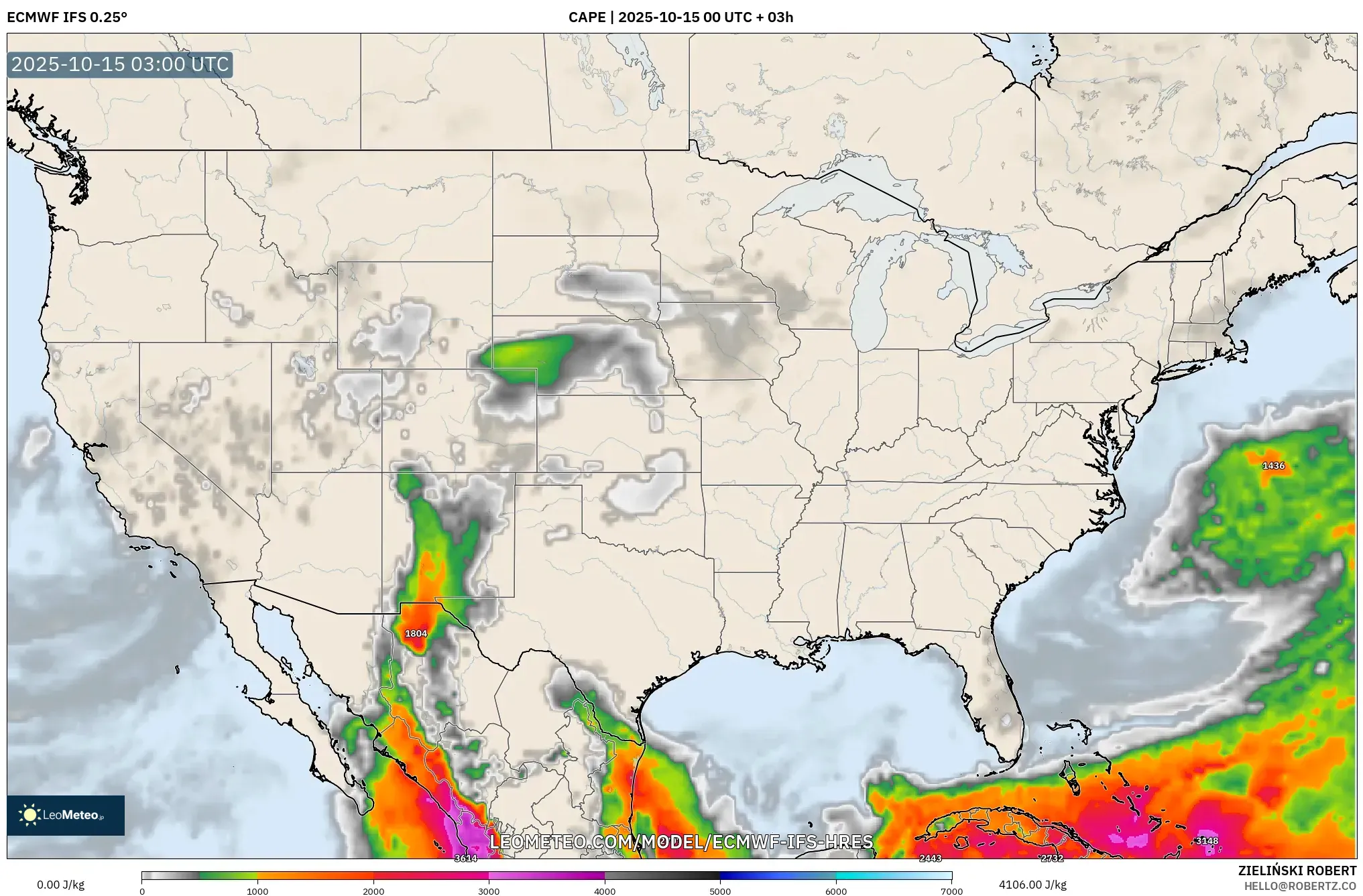 ECMWF IFS 0.25° model - United States, CAPE ECMWF IFS 0.25° model - United States, CAPE