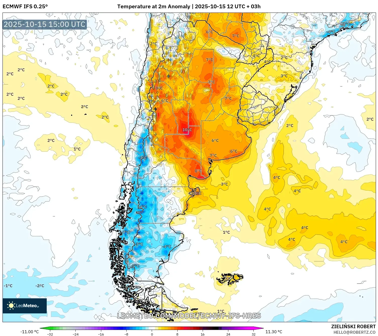 ECMWF IFS 0.25° model - Argentina, Temperature at 2m Anomaly ECMWF IFS 0.25° model - Argentina, Temperature at 2m Anomaly