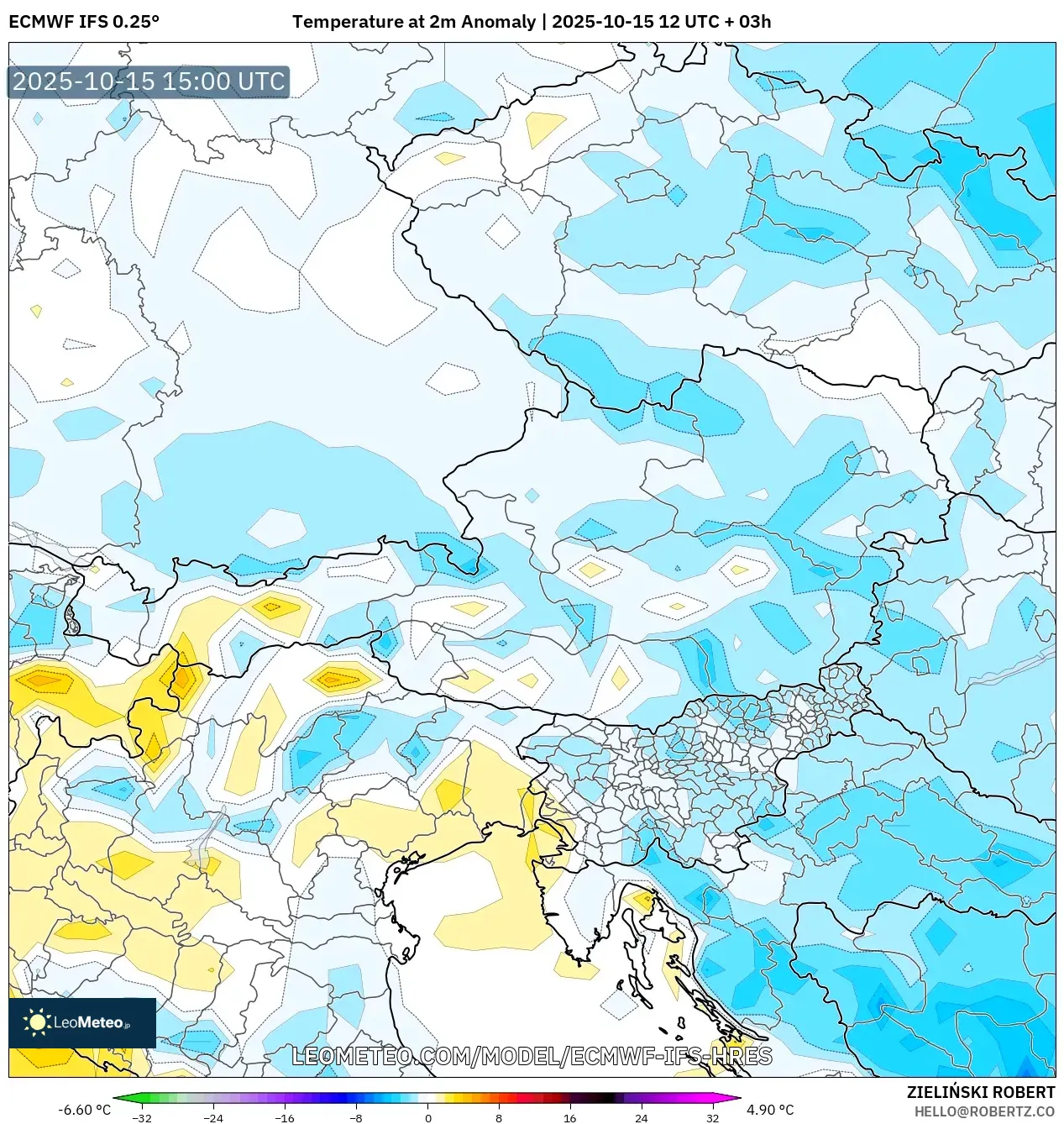 ECMWF IFS 0.25° model - Austria, Temperature at 2m Anomaly ECMWF IFS 0.25° model - Austria, Temperature at 2m Anomaly