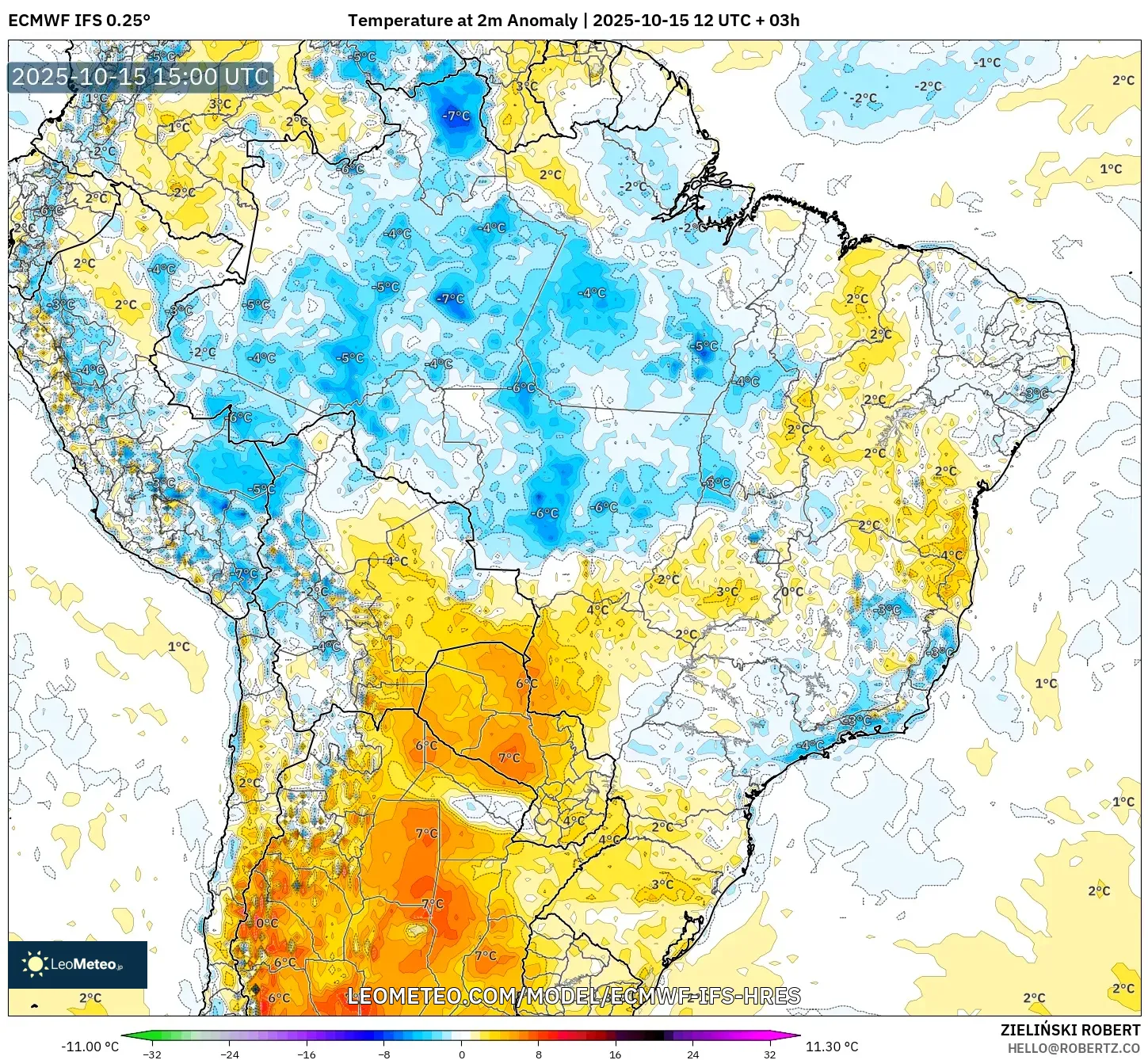 ECMWF IFS 0.25° model - Brazil, Temperature at 2m Anomaly ECMWF IFS 0.25° model - Brazil, Temperature at 2m Anomaly