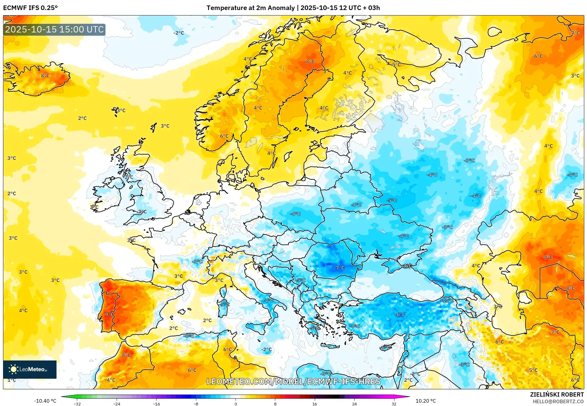 ECMWF IFS 0.25° model - Europe, Temperature at 2m Anomaly ECMWF IFS 0.25° model - Europe, Temperature at 2m Anomaly
