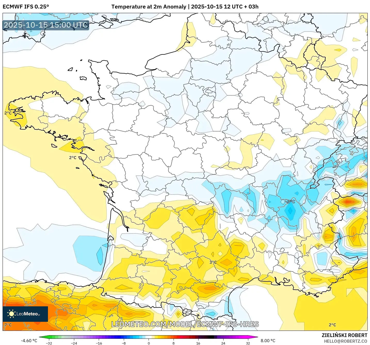 ECMWF IFS 0.25° model - France, Temperature at 2m Anomaly ECMWF IFS 0.25° model - France, Temperature at 2m Anomaly