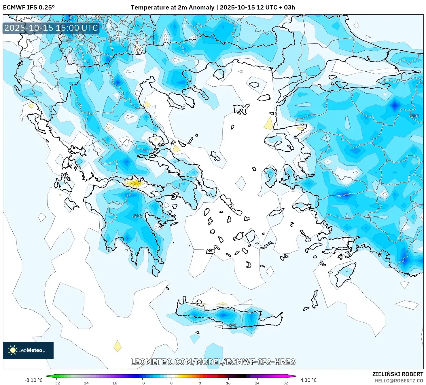 ECMWF IFS 0.25° model - Greece, Temperature at 2m Anomaly ECMWF IFS 0.25° model - Greece, Temperature at 2m Anomaly