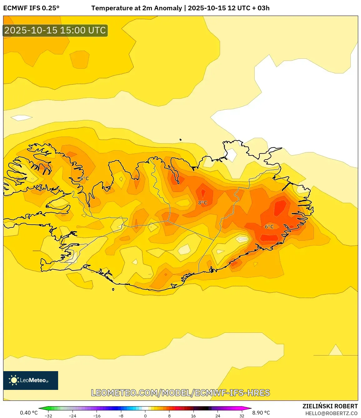 ECMWF IFS 0.25° model - Iceland, Temperature at 2m Anomaly ECMWF IFS 0.25° model - Iceland, Temperature at 2m Anomaly
