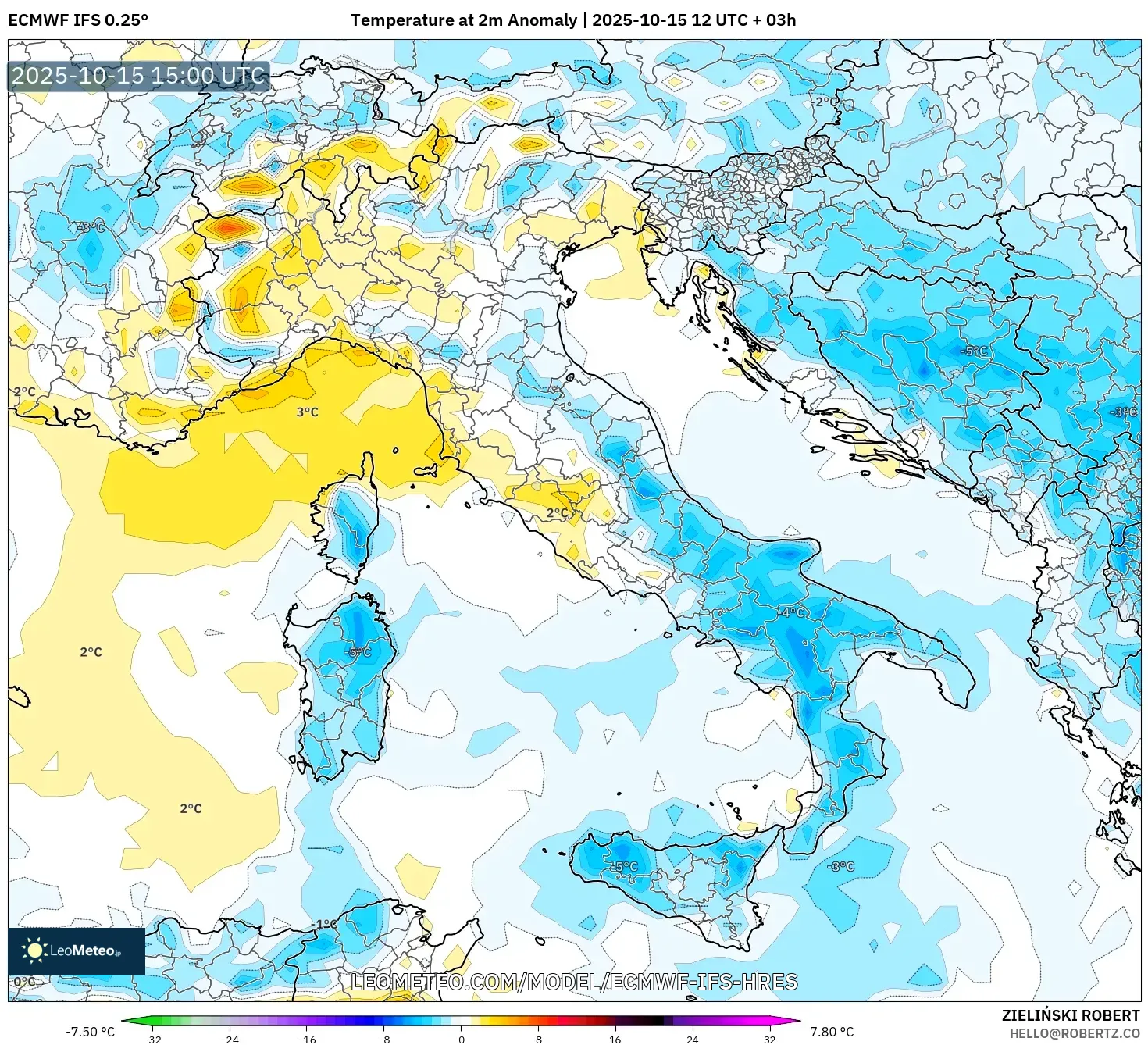 ECMWF IFS 0.25° model - Italy, Temperature at 2m Anomaly ECMWF IFS 0.25° model - Italy, Temperature at 2m Anomaly