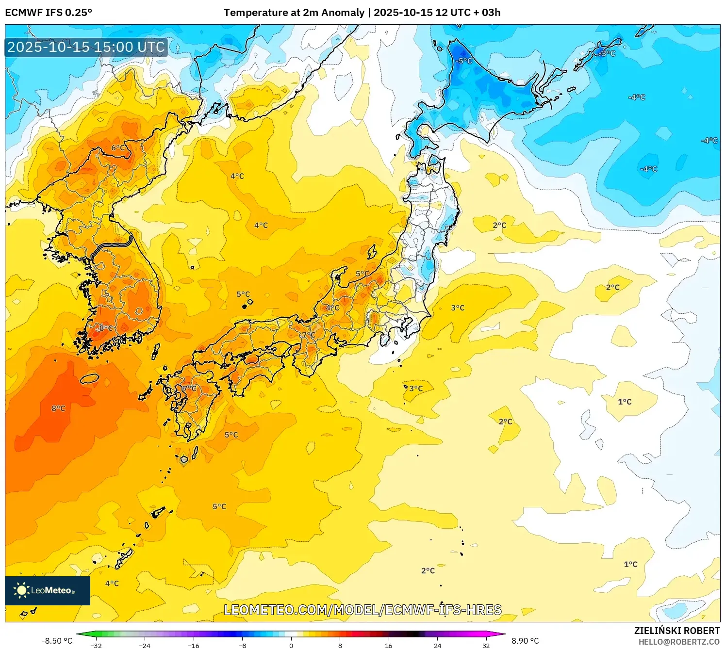 ECMWF IFS 0.25° model - Japan, Temperature at 2m Anomaly ECMWF IFS 0.25° model - Japan, Temperature at 2m Anomaly