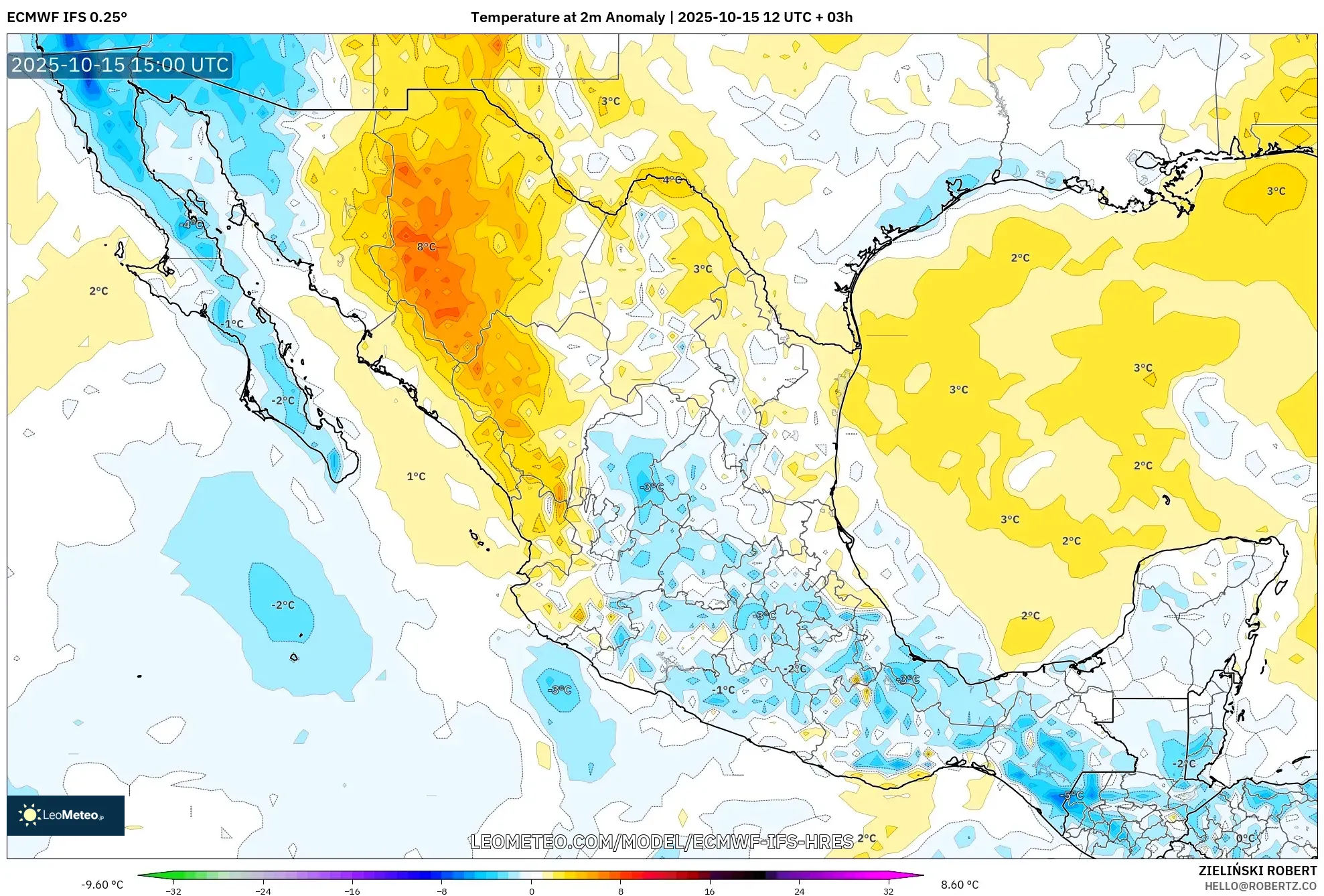 ECMWF IFS 0.25° model - Mexico, Temperature at 2m Anomaly ECMWF IFS 0.25° model - Mexico, Temperature at 2m Anomaly