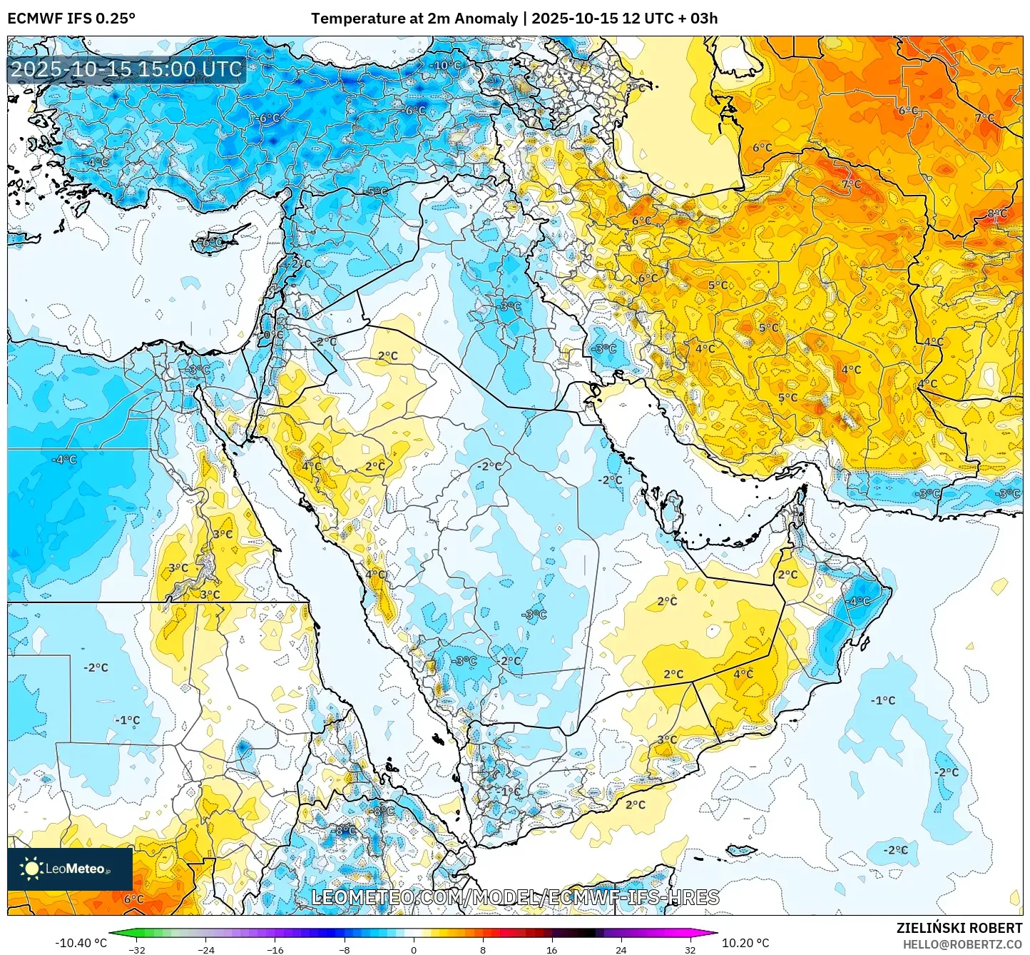 ECMWF IFS 0.25° model - Middle East, Temperature at 2m Anomaly ECMWF IFS 0.25° model - Middle East, Temperature at 2m Anomaly
