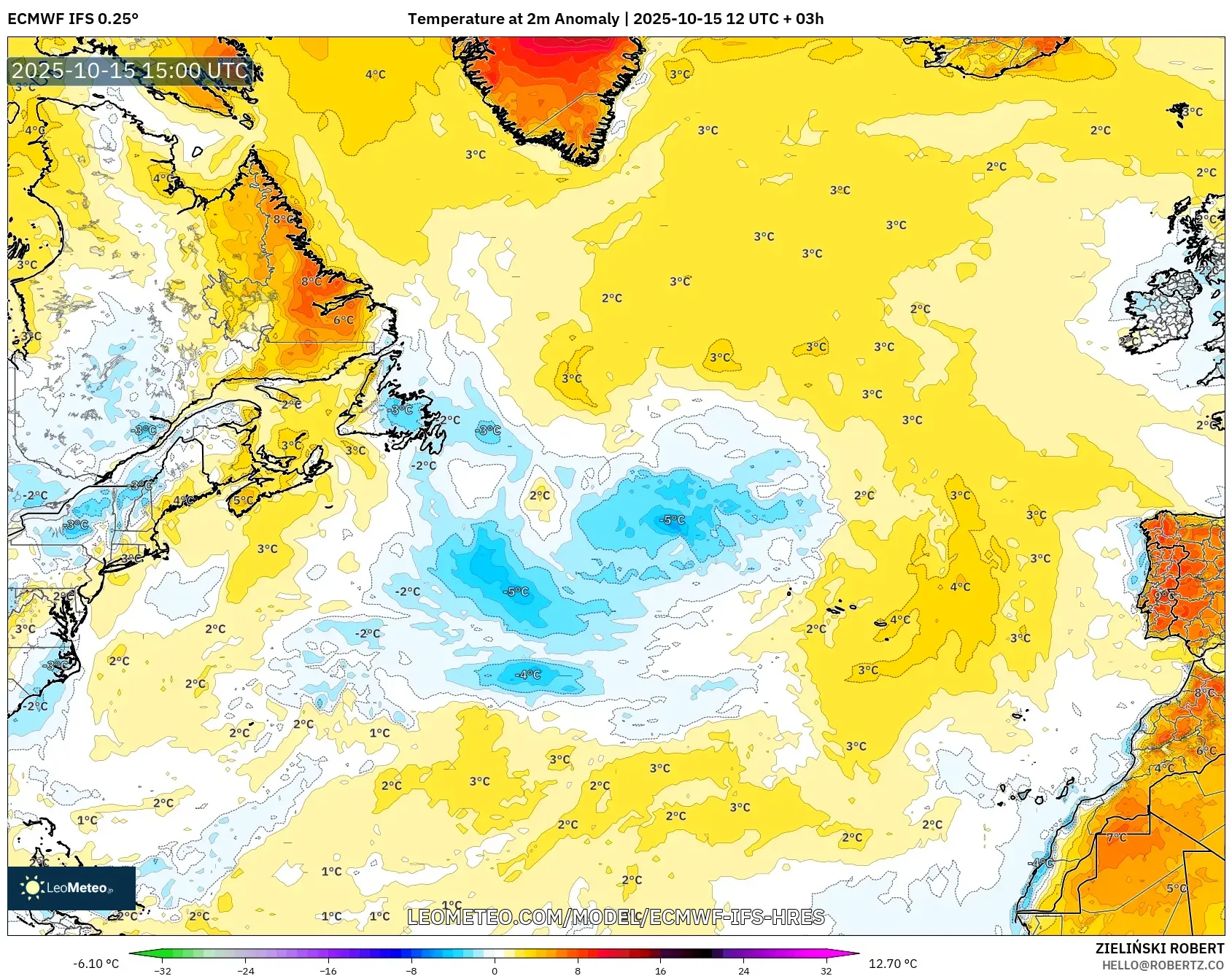 ECMWF IFS 0.25° model - North Atlantic, Temperature at 2m Anomaly ECMWF IFS 0.25° model - North Atlantic, Temperature at 2m Anomaly