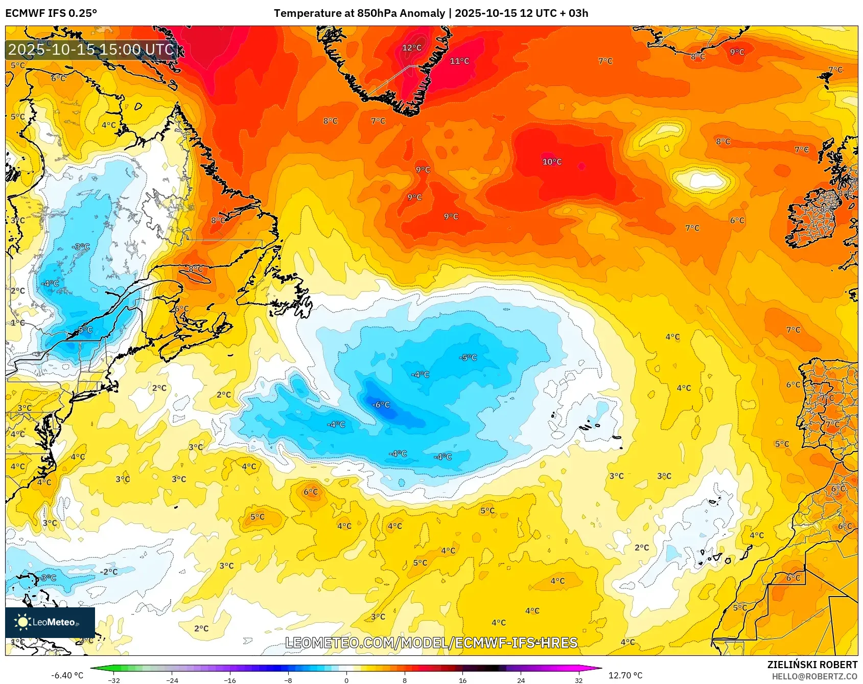 ECMWF IFS 0.25° model - North Atlantic, Temperature at 850hPa Anomaly ECMWF IFS 0.25° model - North Atlantic, Temperature at 850hPa Anomaly