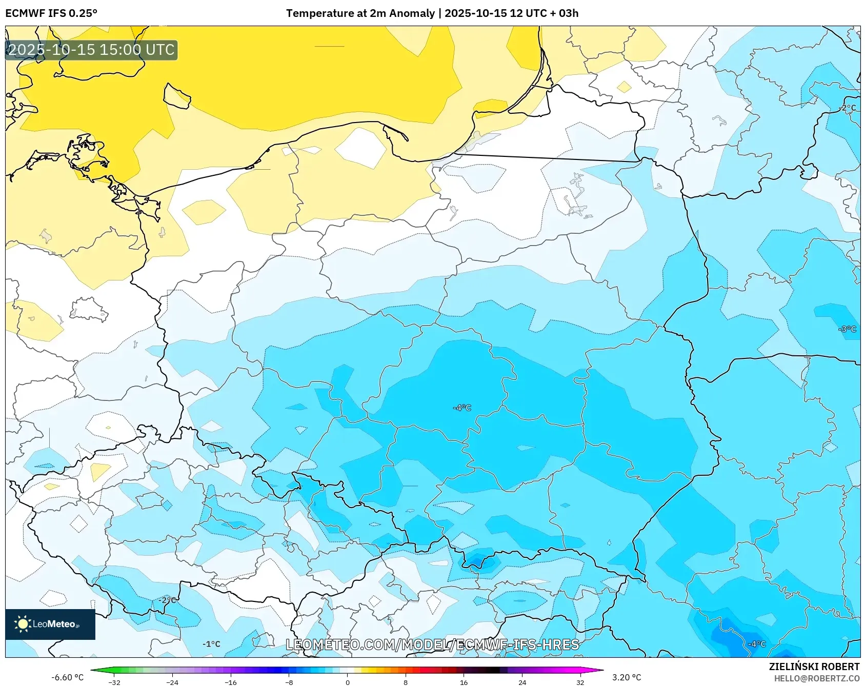 ECMWF IFS 0.25° model - Poland, Temperature at 2m Anomaly ECMWF IFS 0.25° model - Poland, Temperature at 2m Anomaly