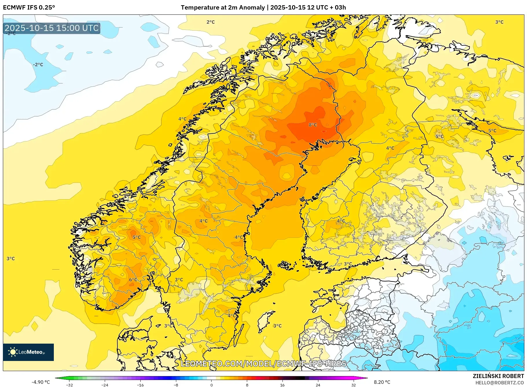 ECMWF IFS 0.25° model - Scandinavia, Temperature at 2m Anomaly ECMWF IFS 0.25° model - Scandinavia, Temperature at 2m Anomaly