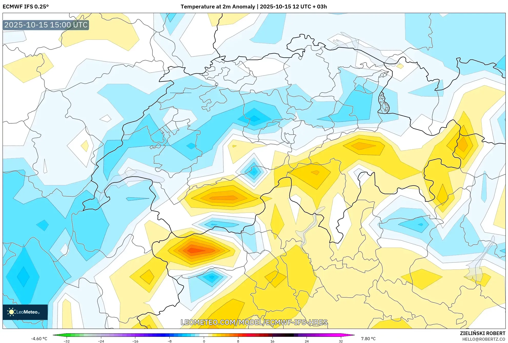 ECMWF IFS 0.25° model - Switzerland, Temperature at 2m Anomaly ECMWF IFS 0.25° model - Switzerland, Temperature at 2m Anomaly