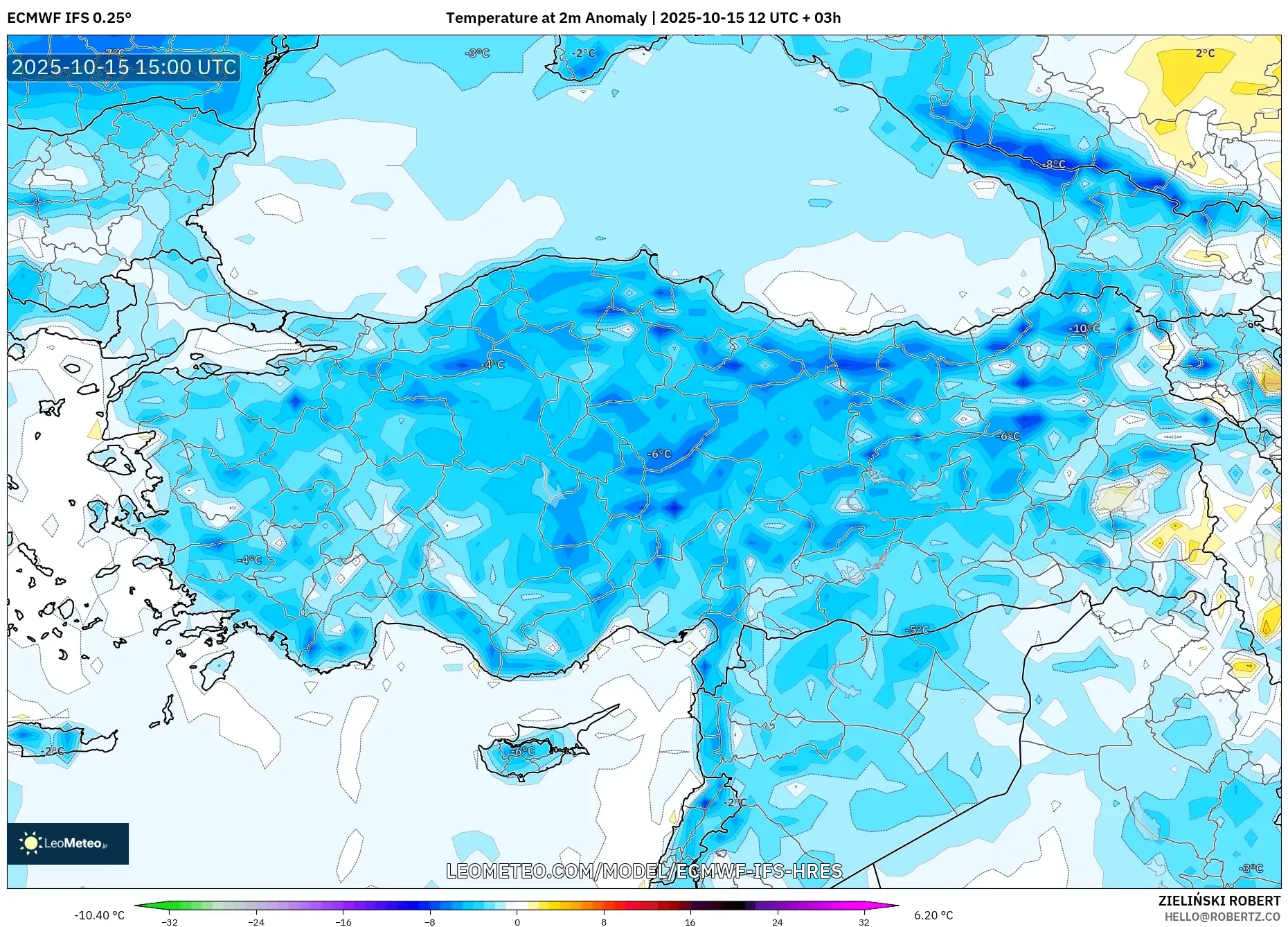 ECMWF IFS 0.25° model - Turkey, Temperature at 2m Anomaly ECMWF IFS 0.25° model - Turkey, Temperature at 2m Anomaly